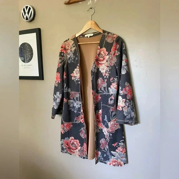 ANTHROPOLOGIE faux suede duster jacket SOLITAIRE Floral open Cardigan sz M chic - Picture 14 of 14